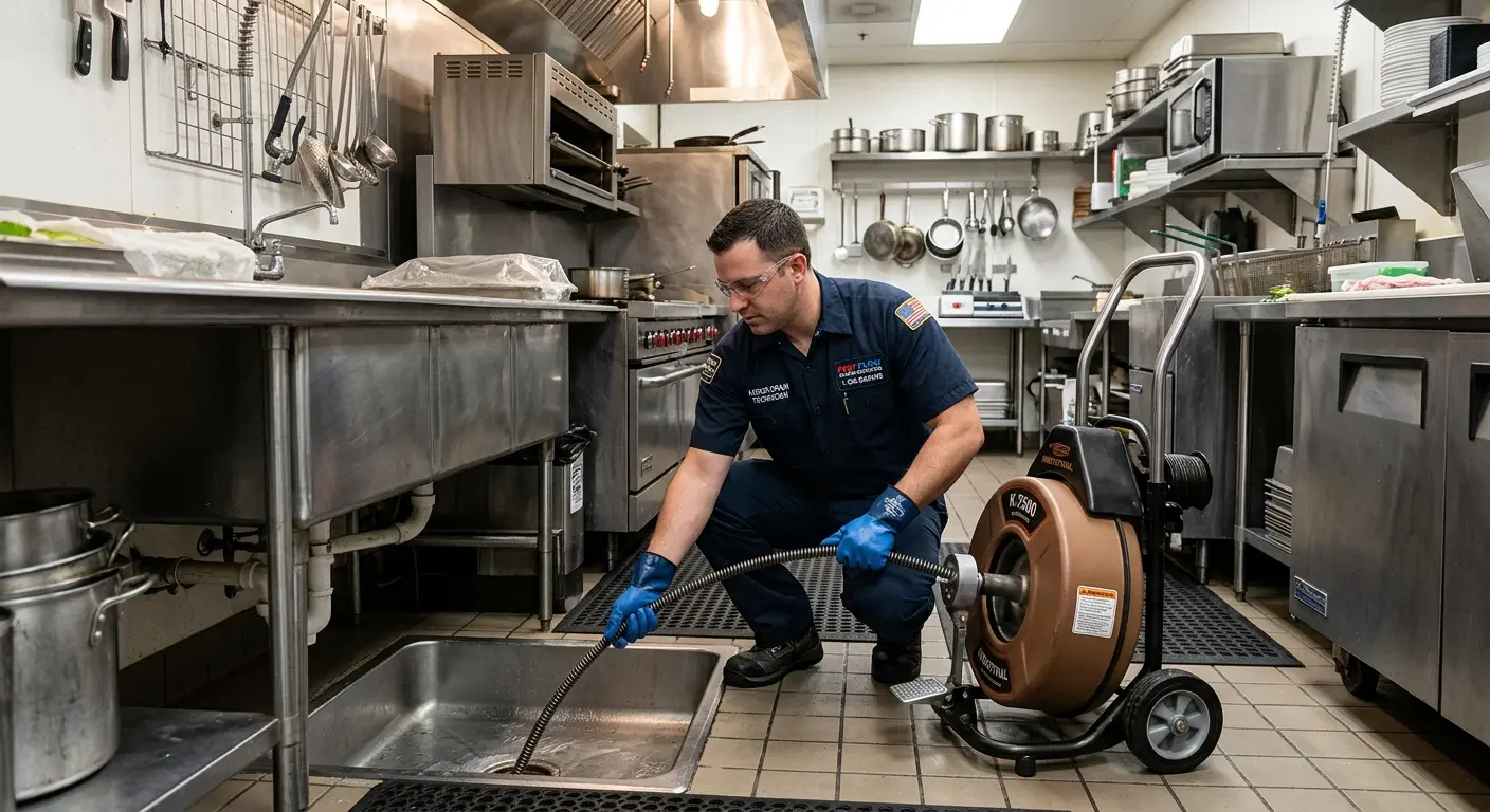 Commercial drain cleaning service in a restaurant kitchen in Ewing