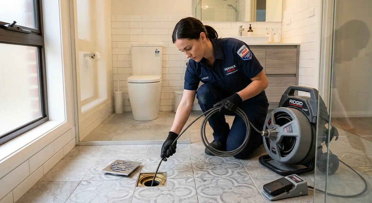 Technician clearing a bathroom floor drain for Sewer Line Installation in Ewing